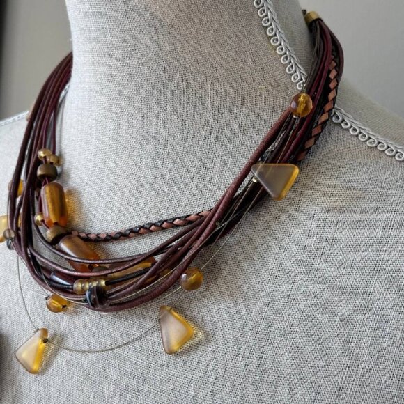 🌟 VINTAGE Unique Women's Leather and Light Amber Stones Necklace and Bracelet S - Picture 3 of 11